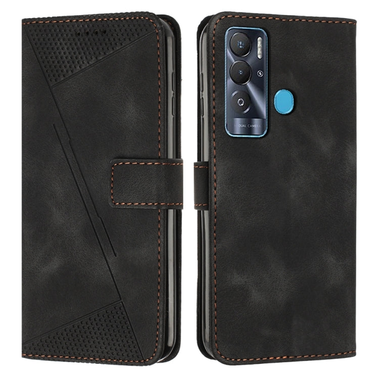 Black leather phone case with triangle textured panel, card slot, and camera cutout