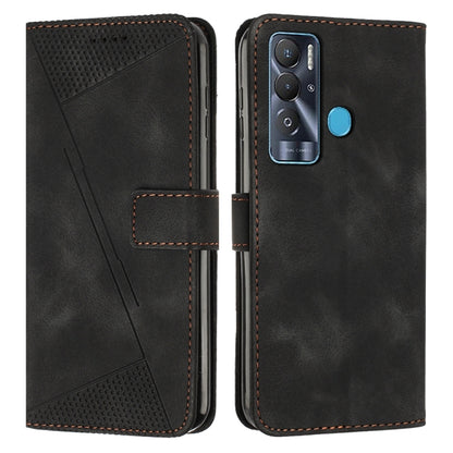 Black leather phone case with triangle textured panel, card slot, and camera cutout