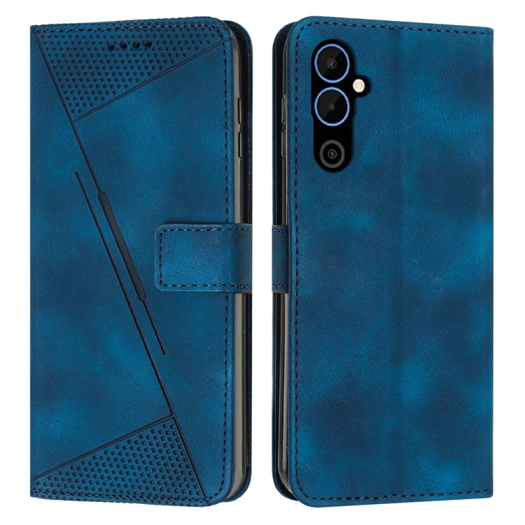 Blue leather flip phone case with perforated triangle panel and card slot