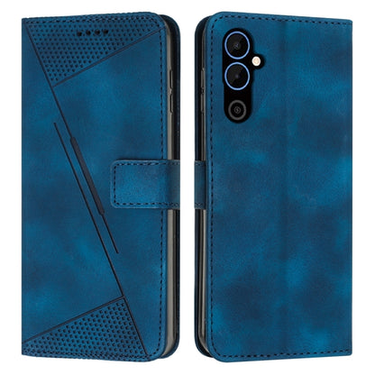 Blue leather flip phone case with perforated triangle panel and card slot