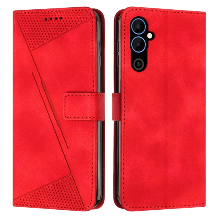 Red leather flip phone case with perforated triangle panel and card slot