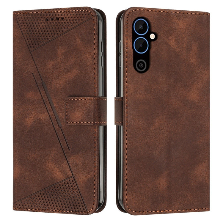 Brown leather phone case with lanyard-style strap, triangle texture, and camera cutout