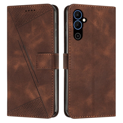 Brown leather phone case with lanyard-style strap, triangle texture, and camera cutout