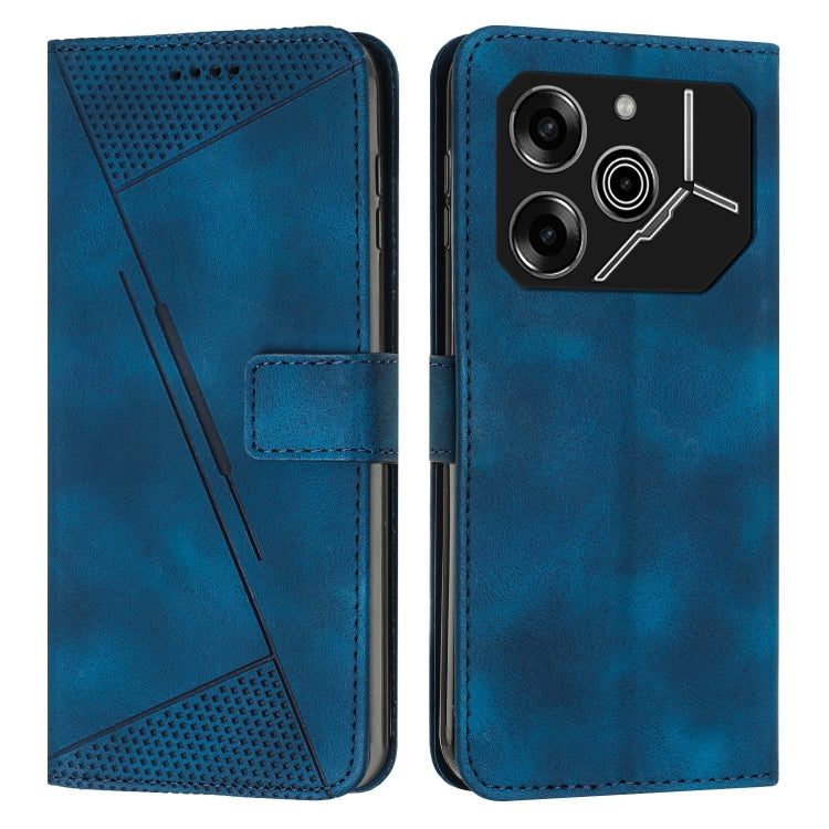 Blue leather wallet phone case with magnetic flap, card slot, and camera cutout.