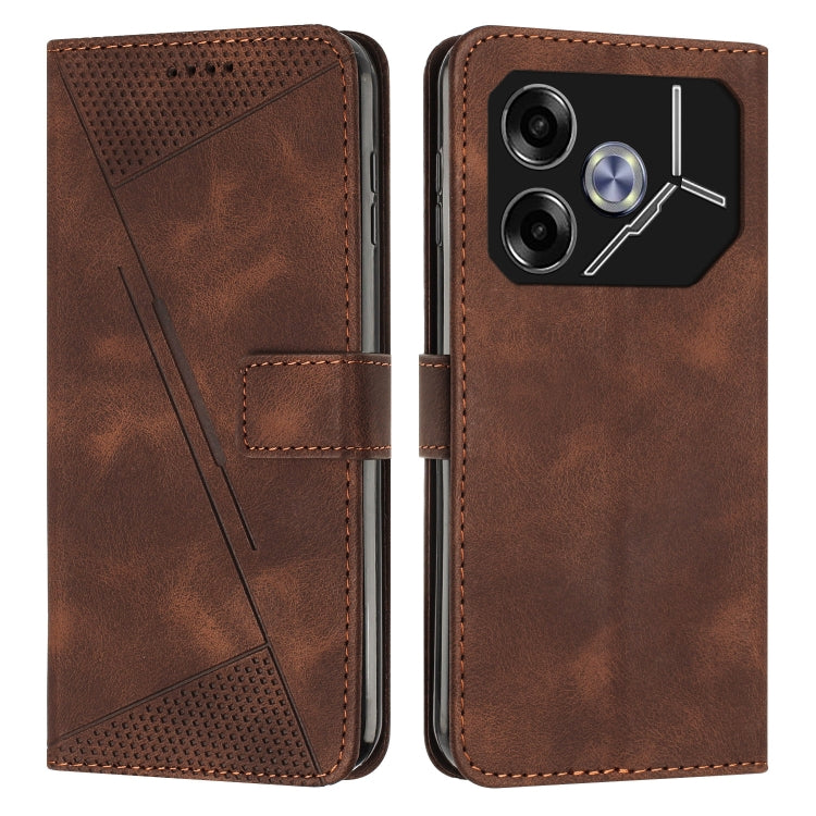 Brown leather folio phone case with textured panel, stitched edges, and camera cutout