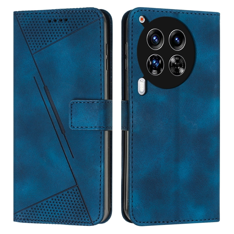 Blue leather folio phone case with textured panel and large camera cutouts, stitched edges