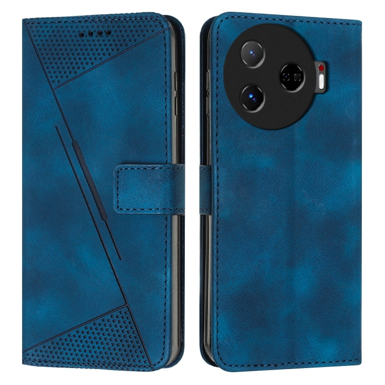 Blue leather folio phone case with textured panel and stitched edges, camera cutout