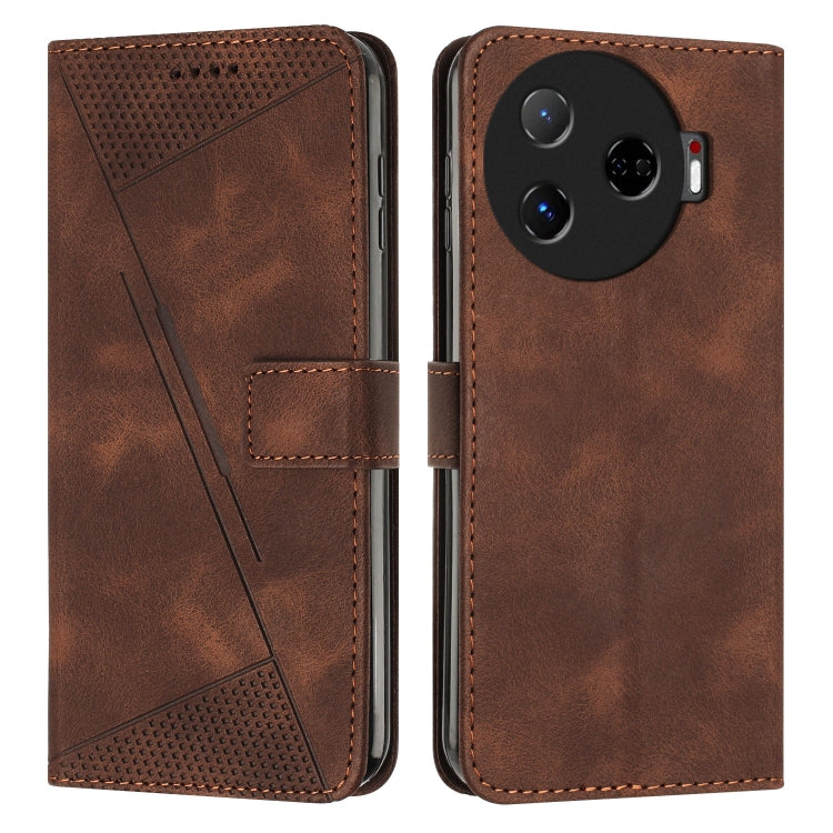 Brown leather folio phone case with stitched strap, textured top panel, camera cutout