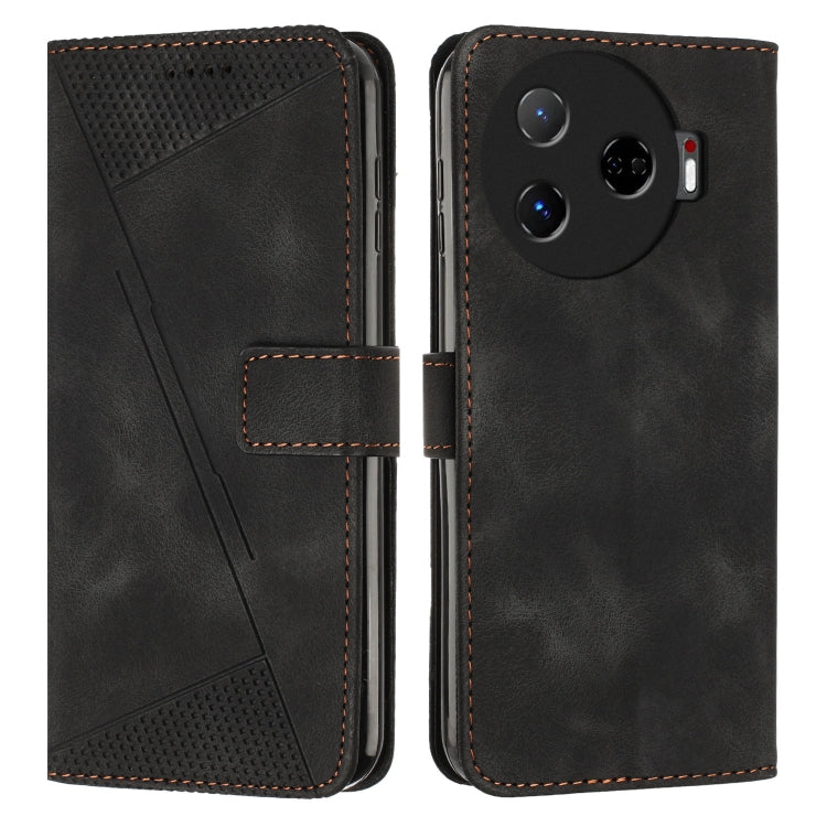 Black leather folio phone case with stitched strap, textured top panel, camera cutout