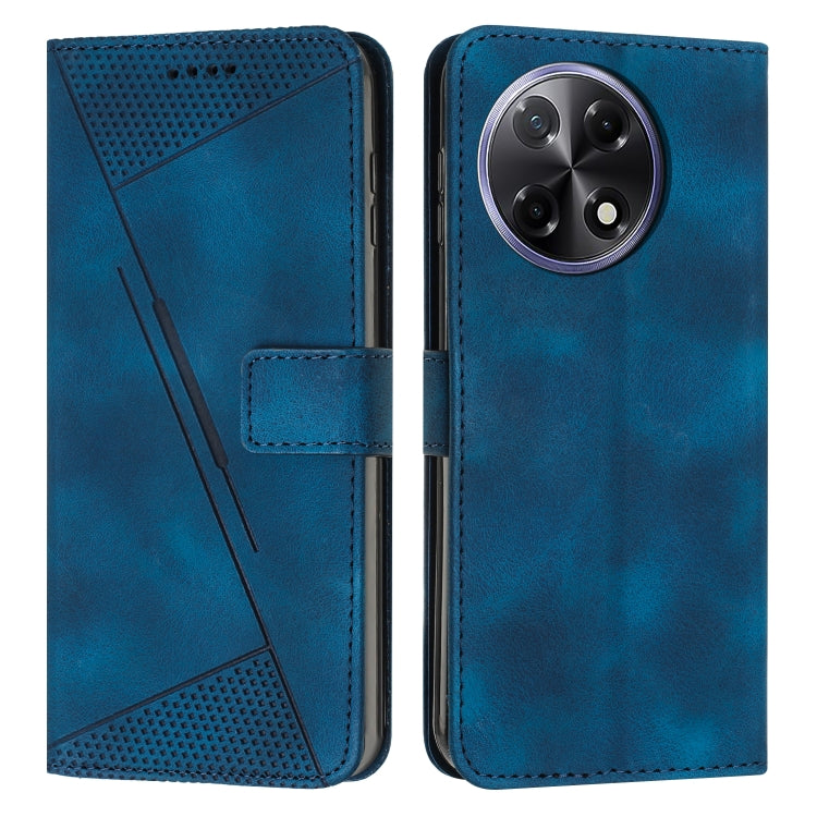 Blue leather wallet phone case with perforated triangle pattern and dual camera cutouts.