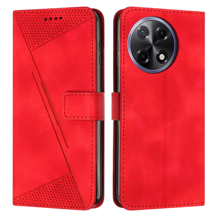 Red leather wallet phone case with perforated triangle pattern and dual camera cutouts.