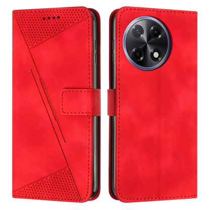 Red leather wallet phone case with perforated triangle pattern and dual camera cutouts.