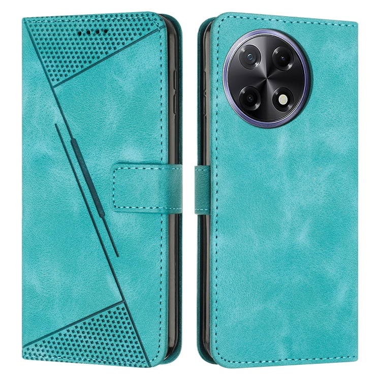 Teal leather wallet phone case with perforated triangle pattern and dual camera cutouts.