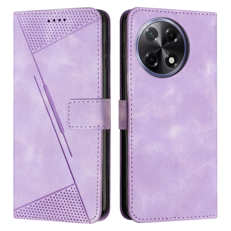 Purple leather wallet phone case with perforated triangle pattern and dual camera cutouts.