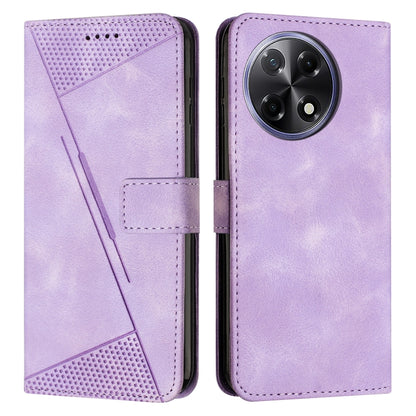 Purple leather wallet phone case with perforated triangle pattern and dual camera cutouts.
