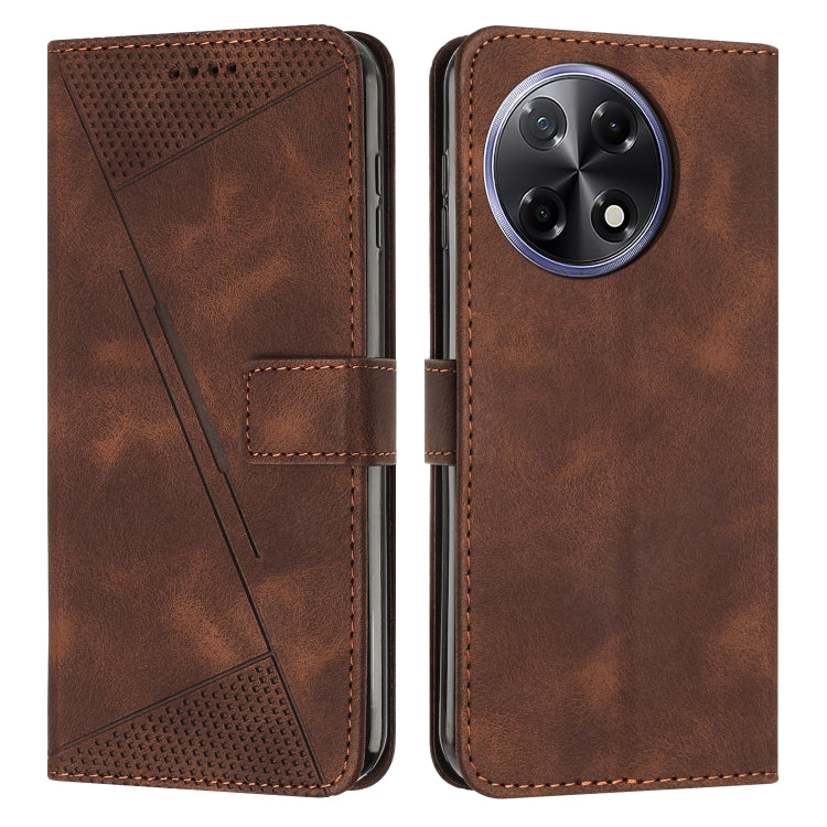 Brown leather wallet phone case with perforated triangle pattern and dual camera cutouts.