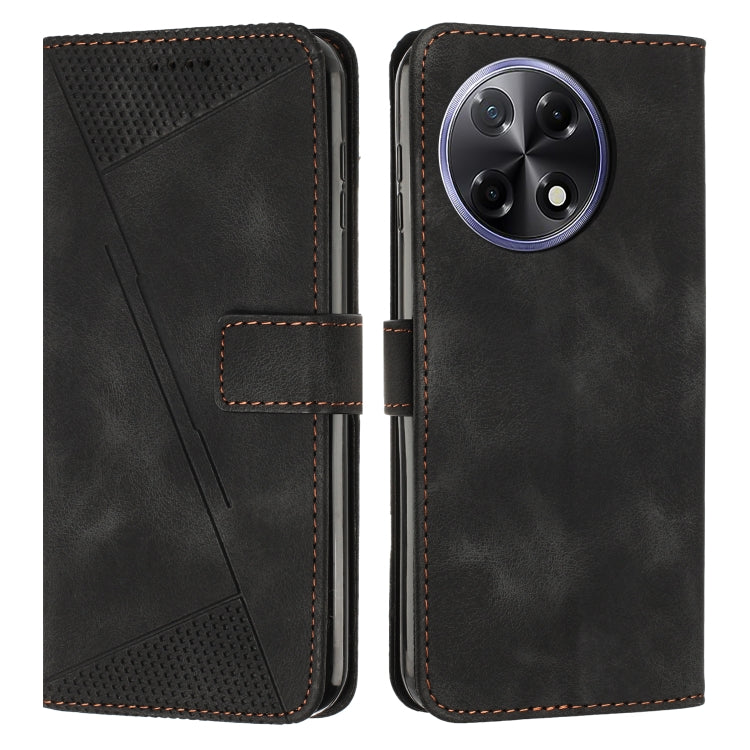 Black leather wallet phone case with perforated triangle pattern and dual camera cutouts.