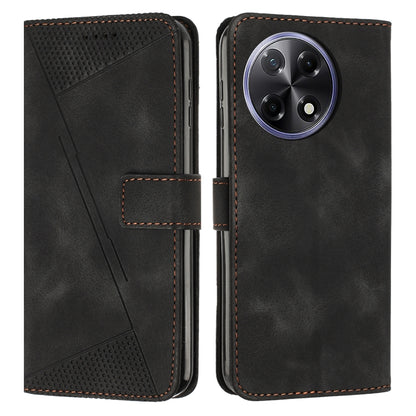 Black leather wallet phone case with perforated triangle pattern and dual camera cutouts.