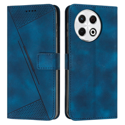 Blue flip leather phone case with perforated panel, stitched edges, and camera cutout