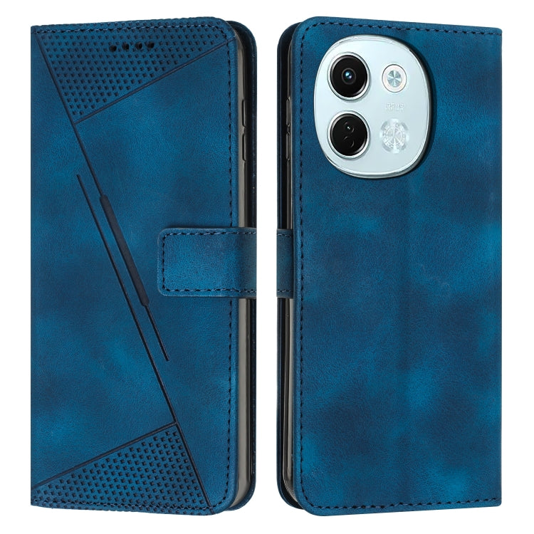 Blue leather wallet phone case with perforated triangle pattern and triple camera cutout area.
