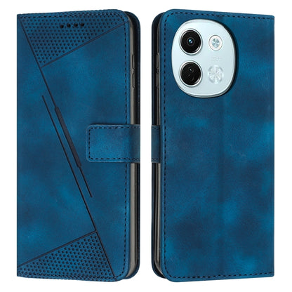 Blue leather wallet phone case with perforated triangle pattern and triple camera cutout area.