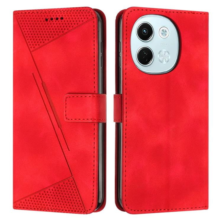 Red leather wallet phone case with perforated triangle pattern and triple camera cutout area.