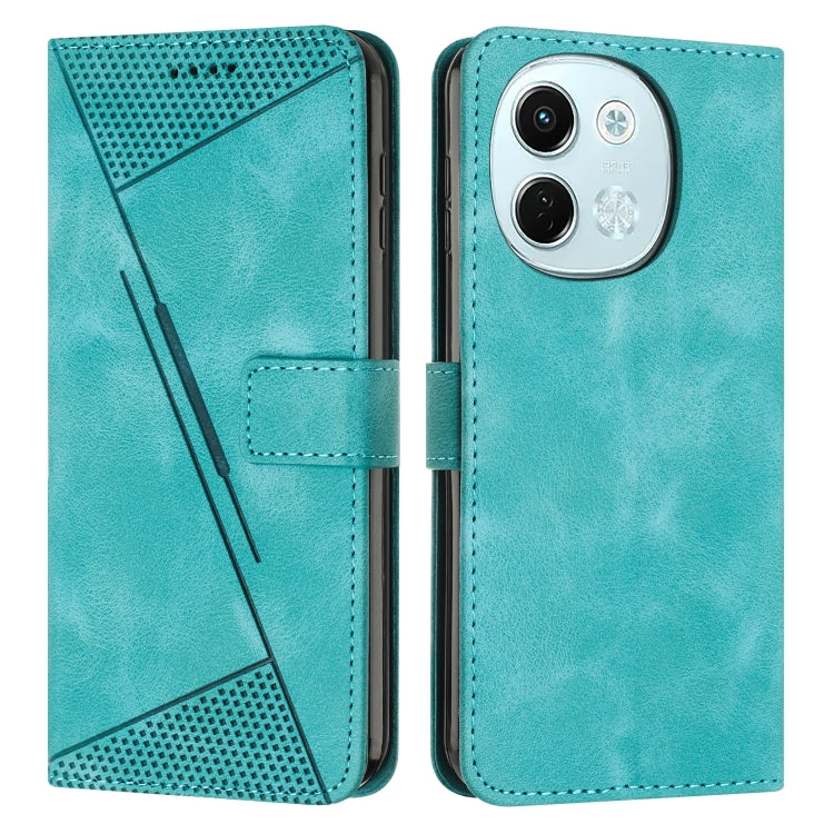 Teal leather wallet phone case with perforated triangle pattern and triple camera cutout area.