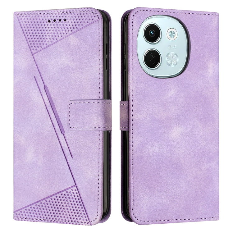 Purple leather wallet phone case with perforated triangle pattern and triple camera cutout area.