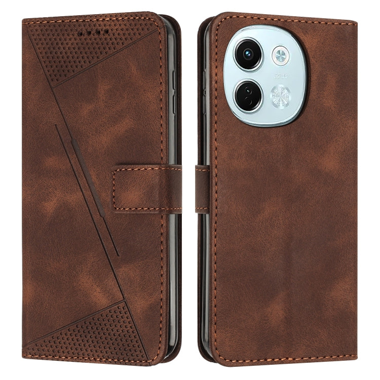Brown flip leather phone case with perforated panel, stitched edges, and camera cutout