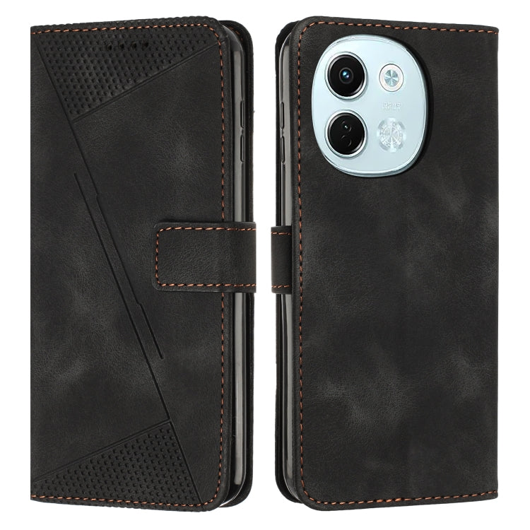 Black flip leather phone case with perforated panel, stitched edges, and camera cutout