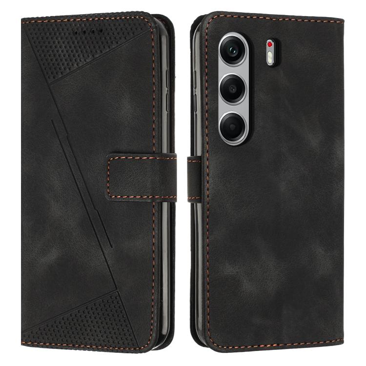 Black leather phone wallet case with camera cutouts and stitched flip cover.