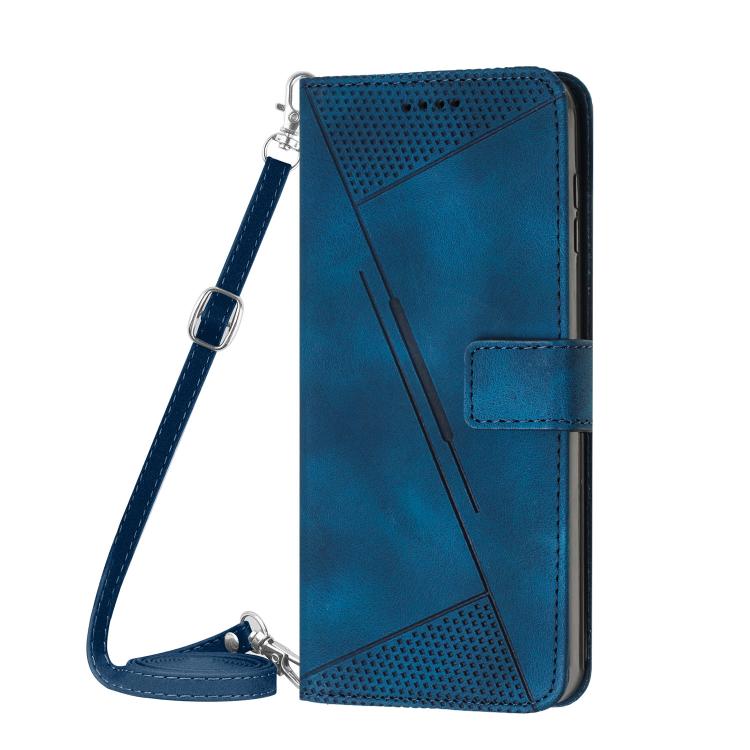Blue leather-style phone case with lanyard strap attached and fold-over front panel.