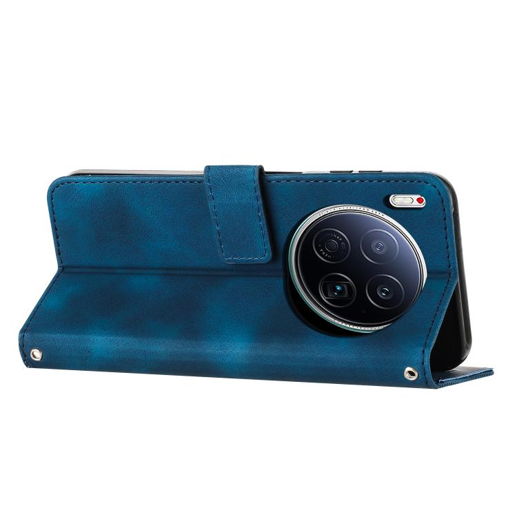 Blue leather-style folio phone case with stand-like flap and camera cutout.