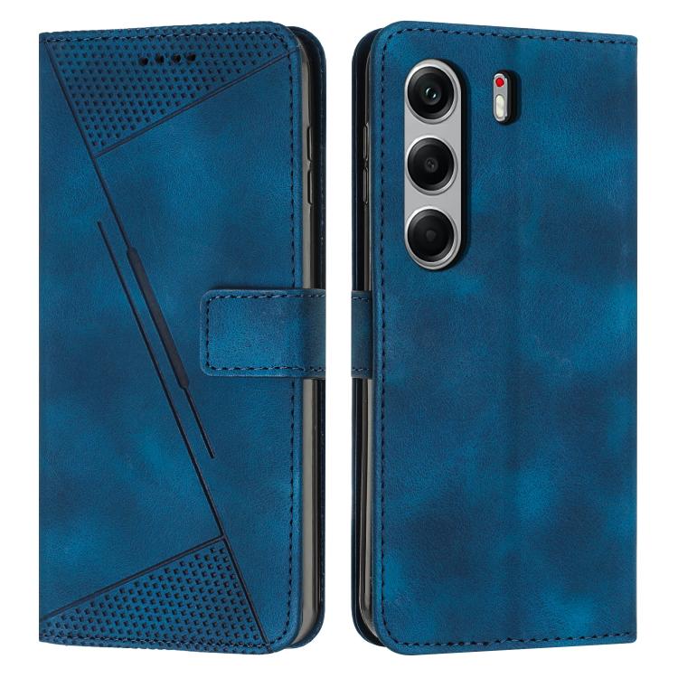 Blue leather phone wallet case with camera cutouts and stitched flip cover.