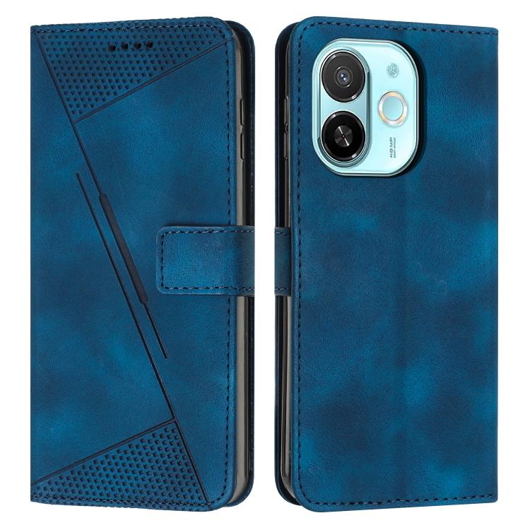 Blue leather wallet phone case with diagonal stripe, perforated panel, and card slot
