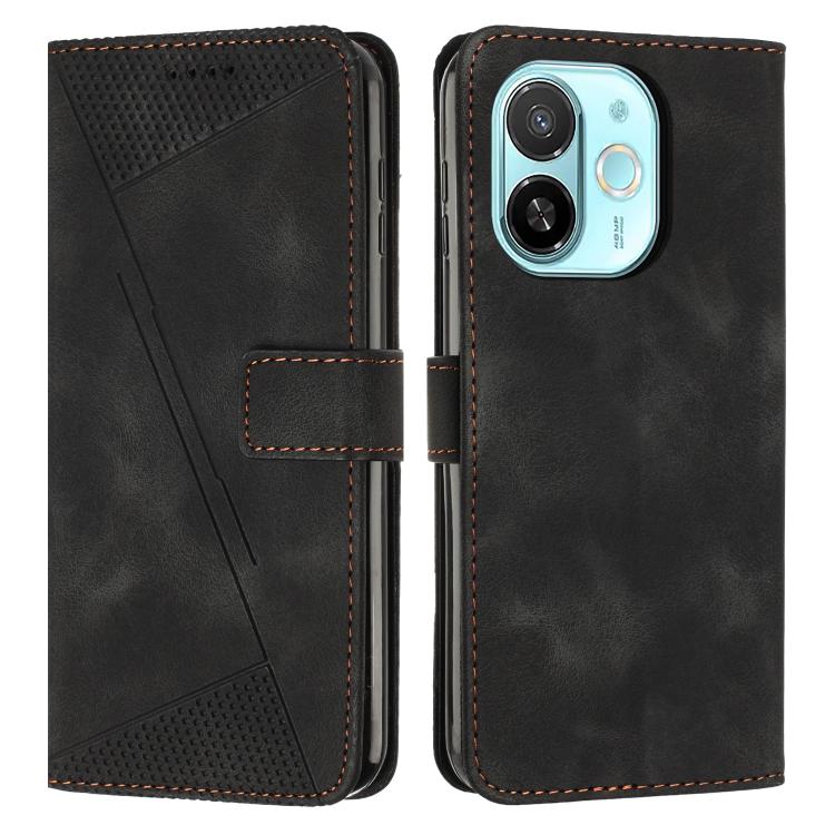 Charcoal black leather wallet phone case with diagonal stripe, perforated panel, and card slot