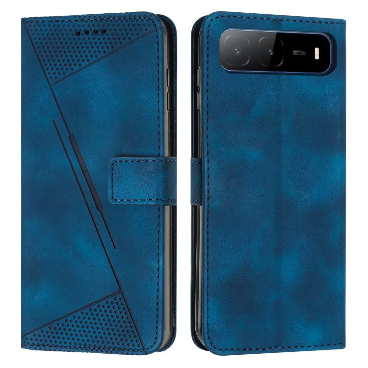 Blue leather phone case with folio flap and camera window at the top