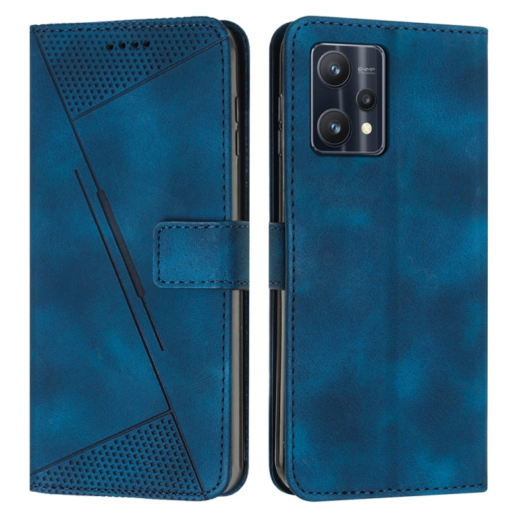 Blue leather flip phone case with perforated triangle panel and card slot; front and back view