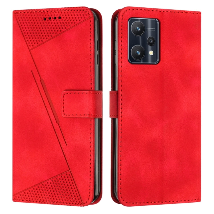 Red leather flip phone case with perforated triangle panel and card slot; front and back view