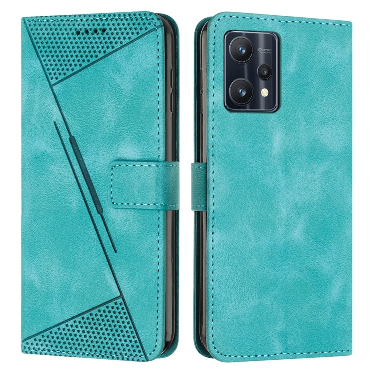 Teal leather flip phone case with perforated triangle panel and card slot; front and back view