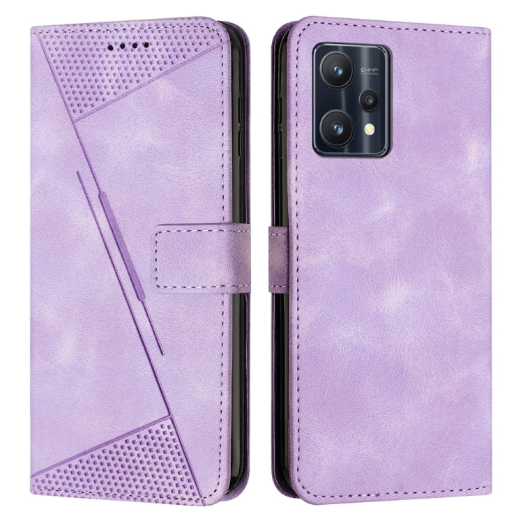 Purple leather flip phone case with perforated triangle panel and card slot; front and back view