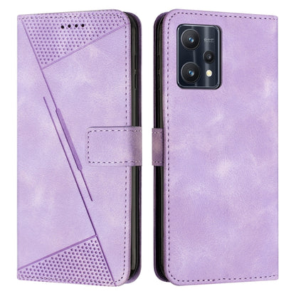 Purple leather flip phone case with perforated triangle panel and card slot; front and back view