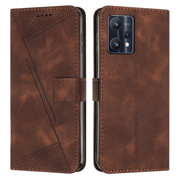 Brown leather flip phone case with perforated triangle panel and card slot; front and back view