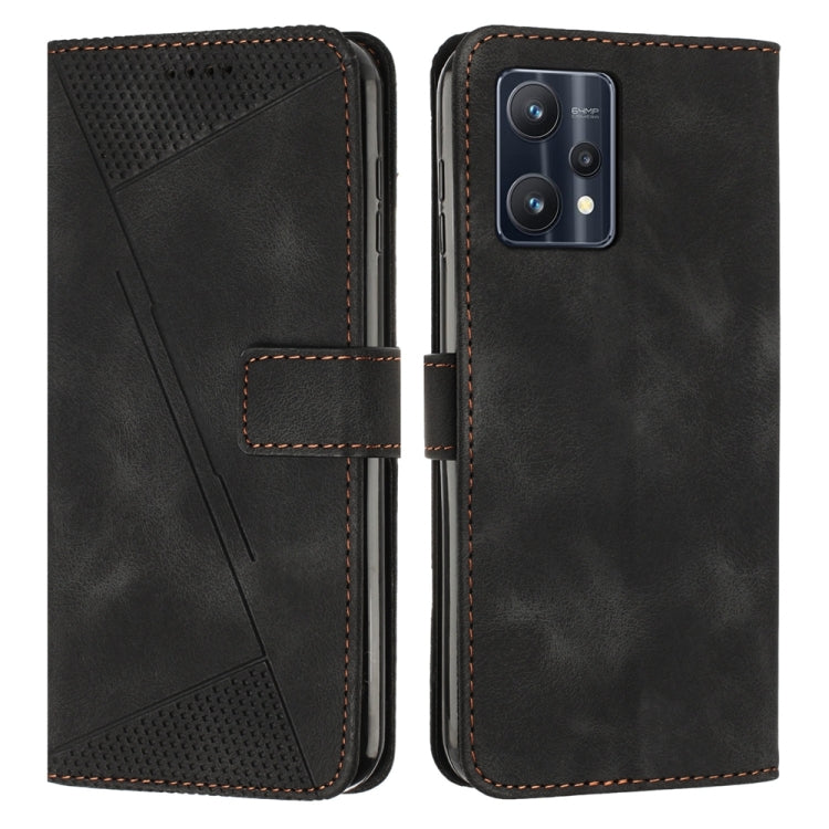 Black leather flip phone case with perforated triangle panel and card slot; front and back view