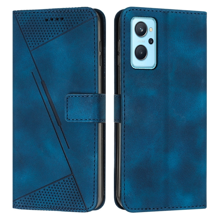 Blue leather flip phone case with perforated triangle panel and card slot; front and back view