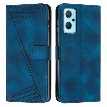 Blue leather flip phone case with perforated triangle panel and card slot; front and back view