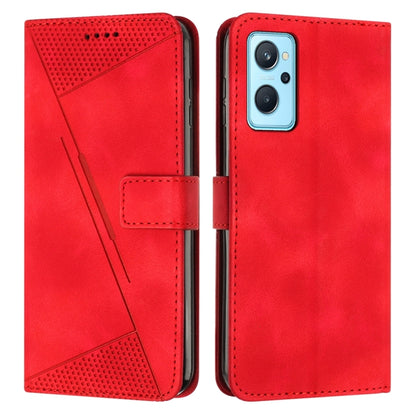 Red leather flip phone case with perforated triangle panel and card slot; front and back view