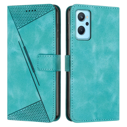 Teal triangle leather phone case with lanyard strap, folio design, card holder and camera cutout