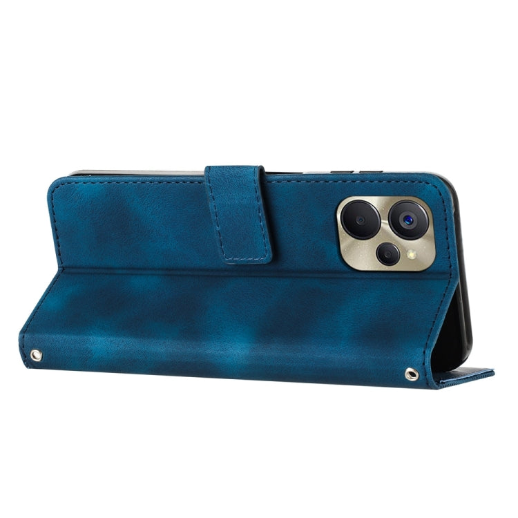 Blue leather wallet phone case with front flap and camera cutout