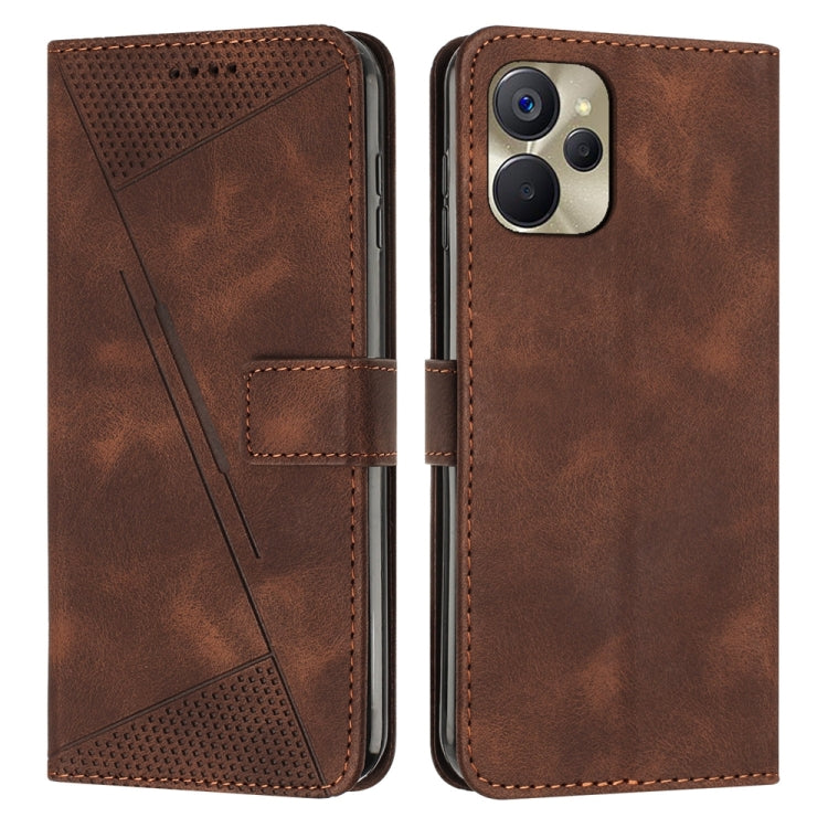 Brown leather flip phone case with perforated triangle panel and card slot; front and back view